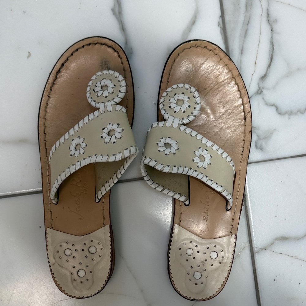 Jack Rogers Cream Leather Palm-Style Slide Sandals
